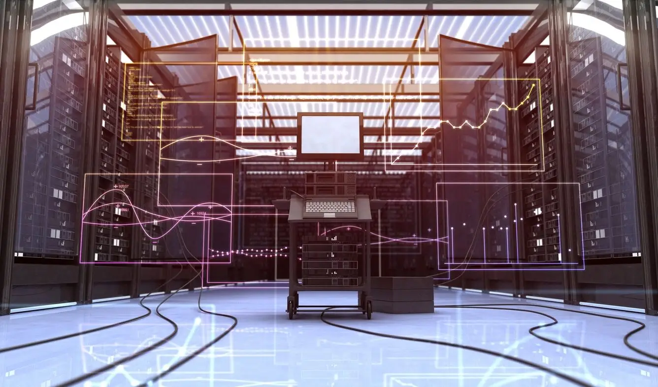 Abstract visualization of a financial data network in deep navy and electric cyan